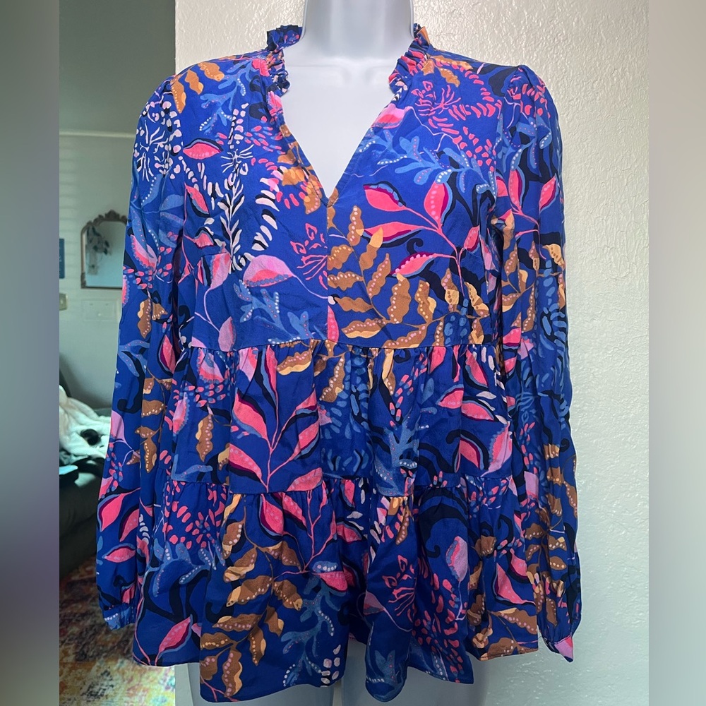 Lilly Pulitzer Sarita Silk Top, Borealis Blue Absolute Purrfection Sz 4